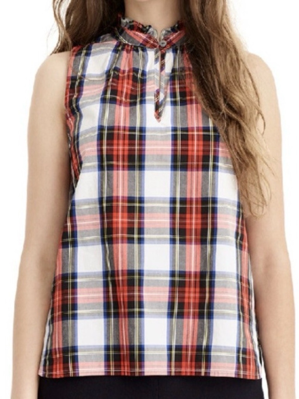 J Crew Plaid‎ Ruffle Neck Sleeveless Top, Sz 0, preppy, classic, shirt, tank